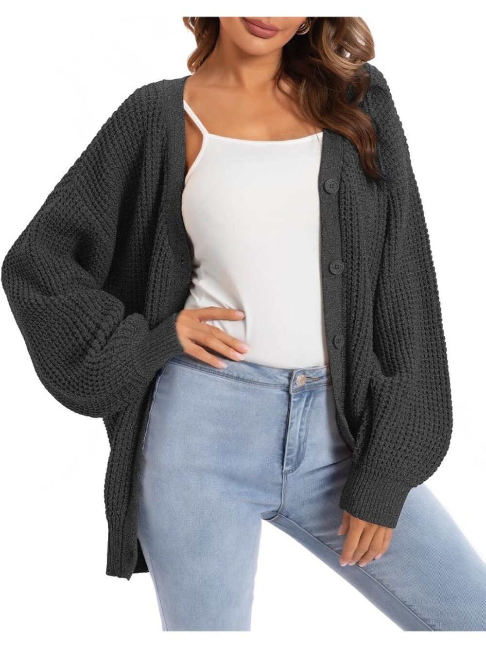 Women's Dark Grey Cotton Knit Cardigan with Lantern Sleeves V Neck Sweaters